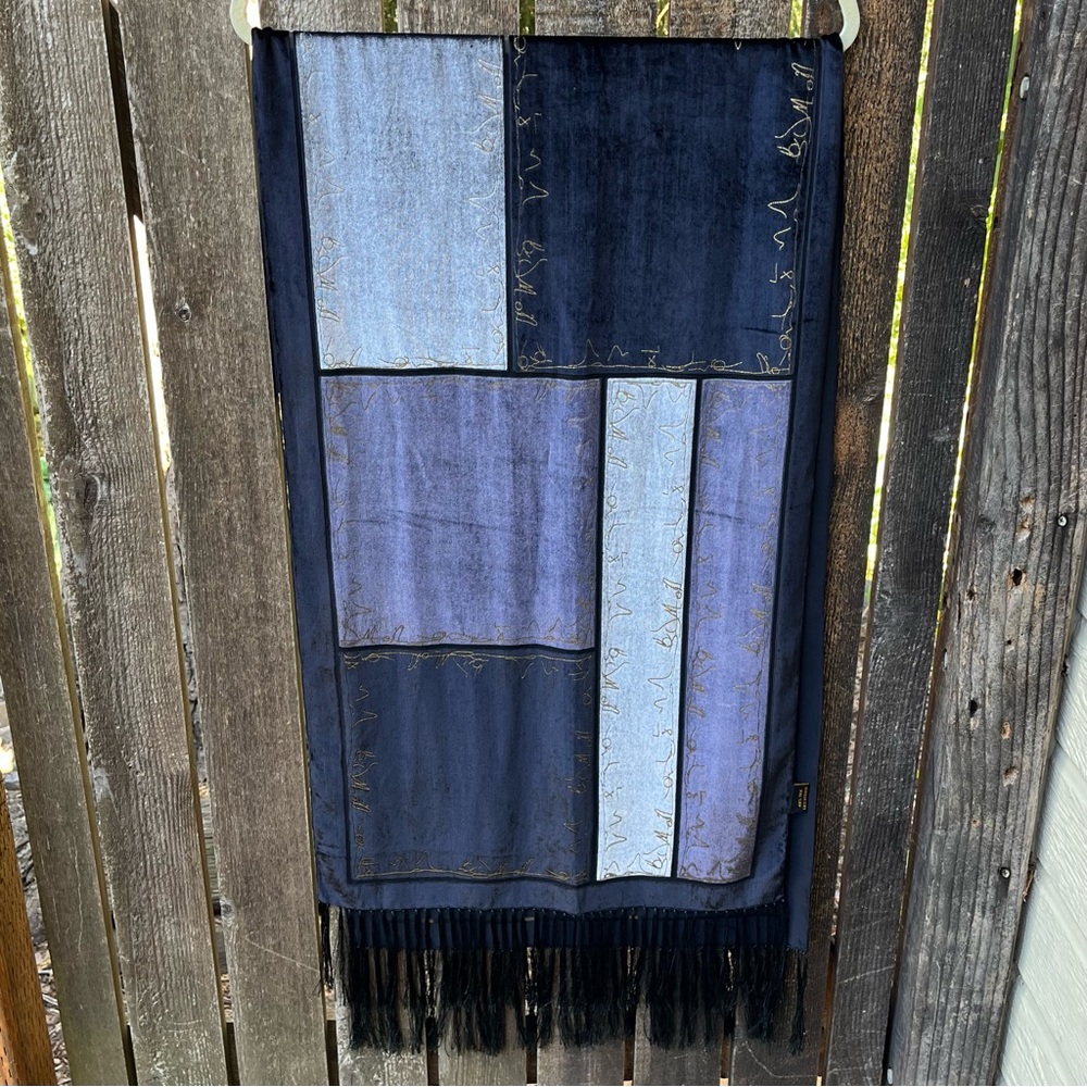 Velvet Burnout Silk Viscose Patchwork Scarf with Fringe in Black/Gray/Purple